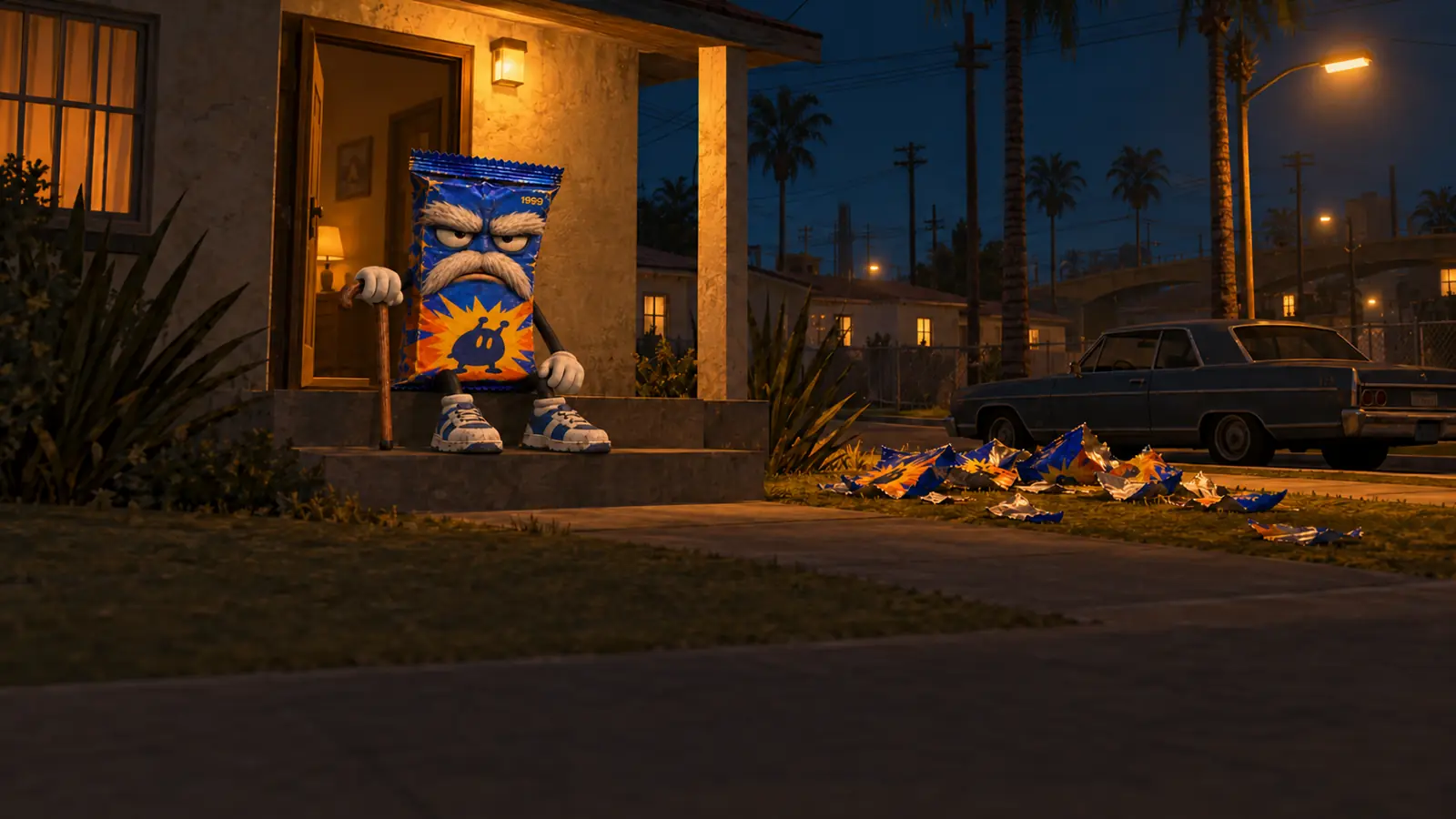 Grandpack on his porch at night